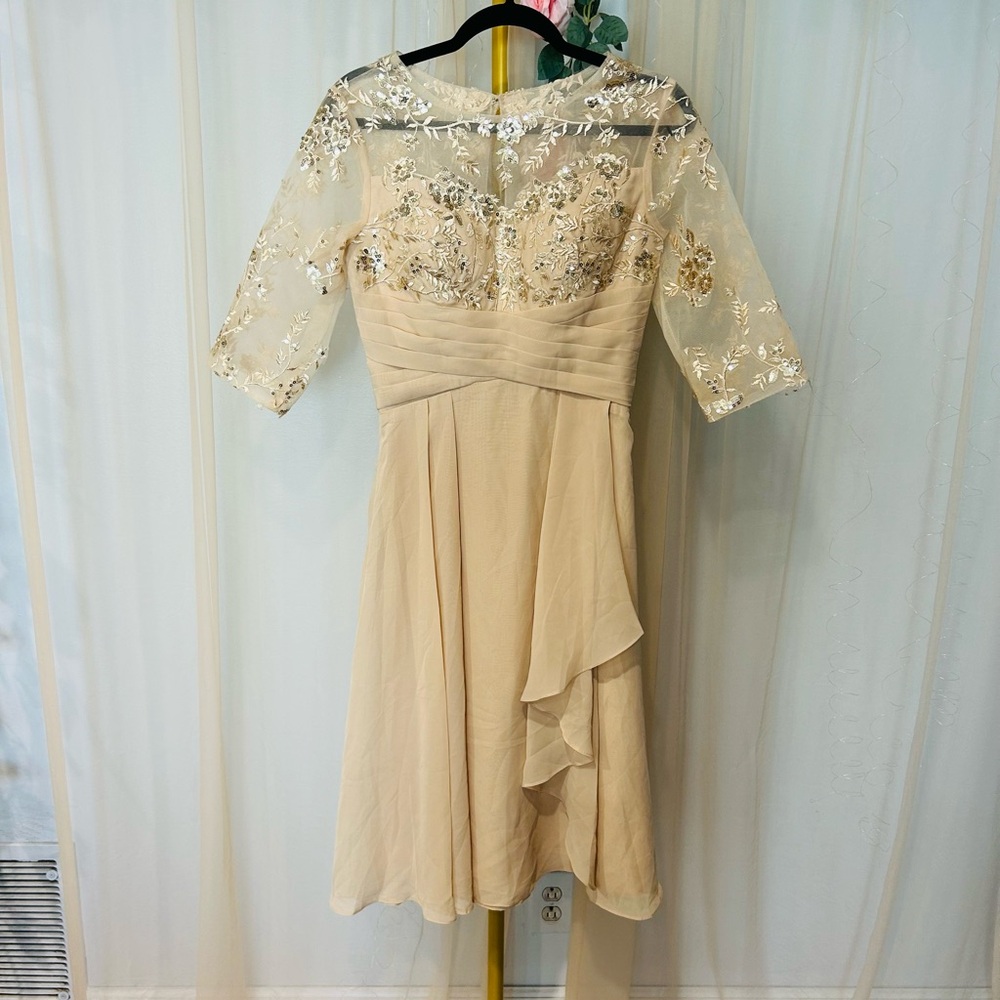 Champagne Embroidered Lace Midi Dress – Sheer Sleeves Size 6 NWOT